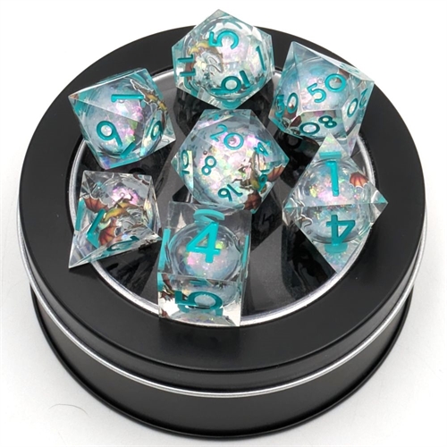 Liquid Core Dragon Dice - Crystal Turquoise numbers - Resin dice set sharp edges - Epic Dwarf Dice